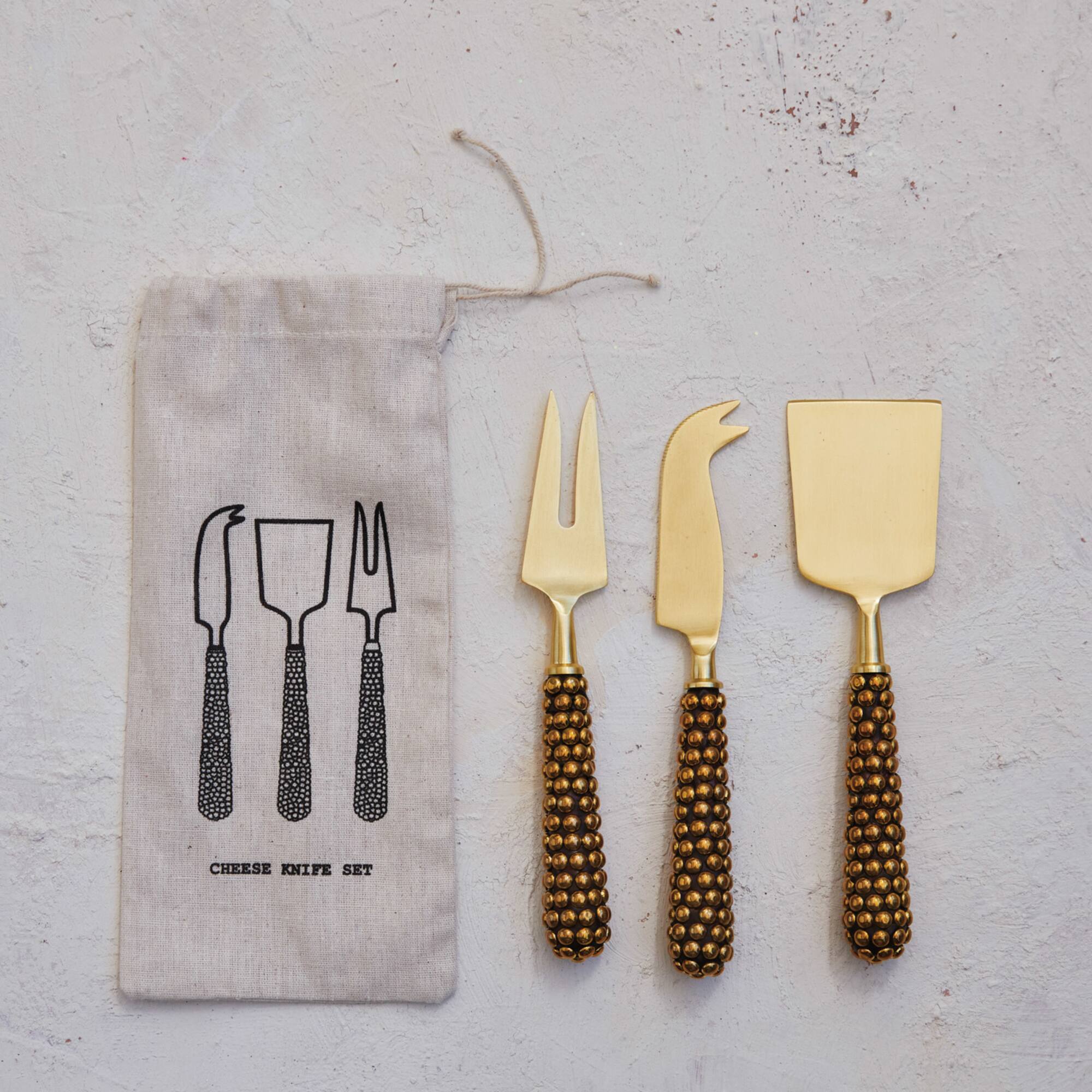 Hello Honey® Gold Stainless Steel Cheese Server Set with Cast Brass Beaded Handles